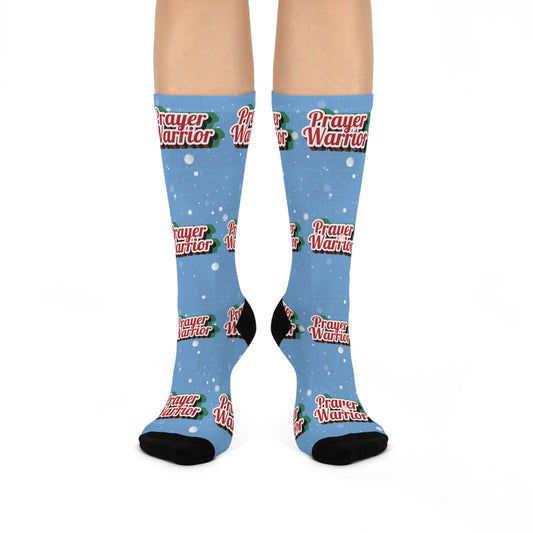Prayer Warrior Christmas Snow - Light Blue Crew Socks