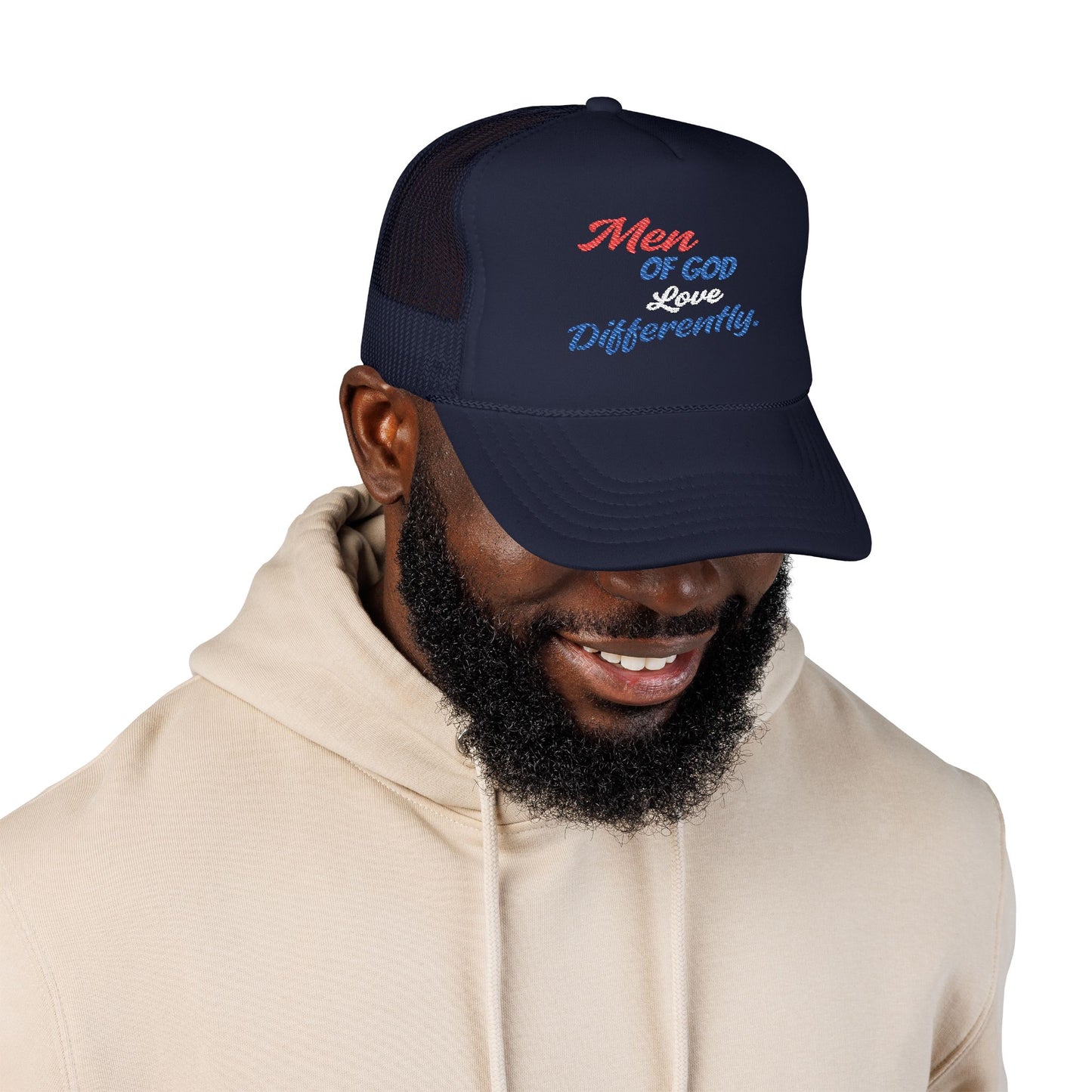 "Men of God Love Differently” Embroidered Foam Trucker Hat