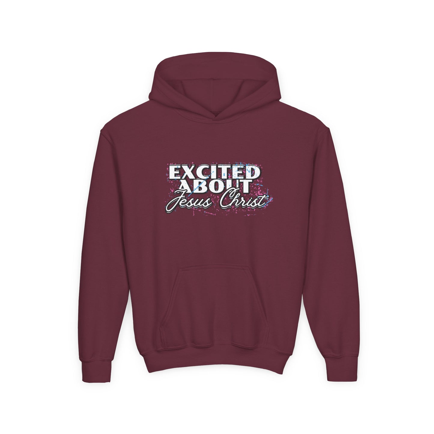 “Excited About Jesus Christ" Youth Heavy Blend Hoodie