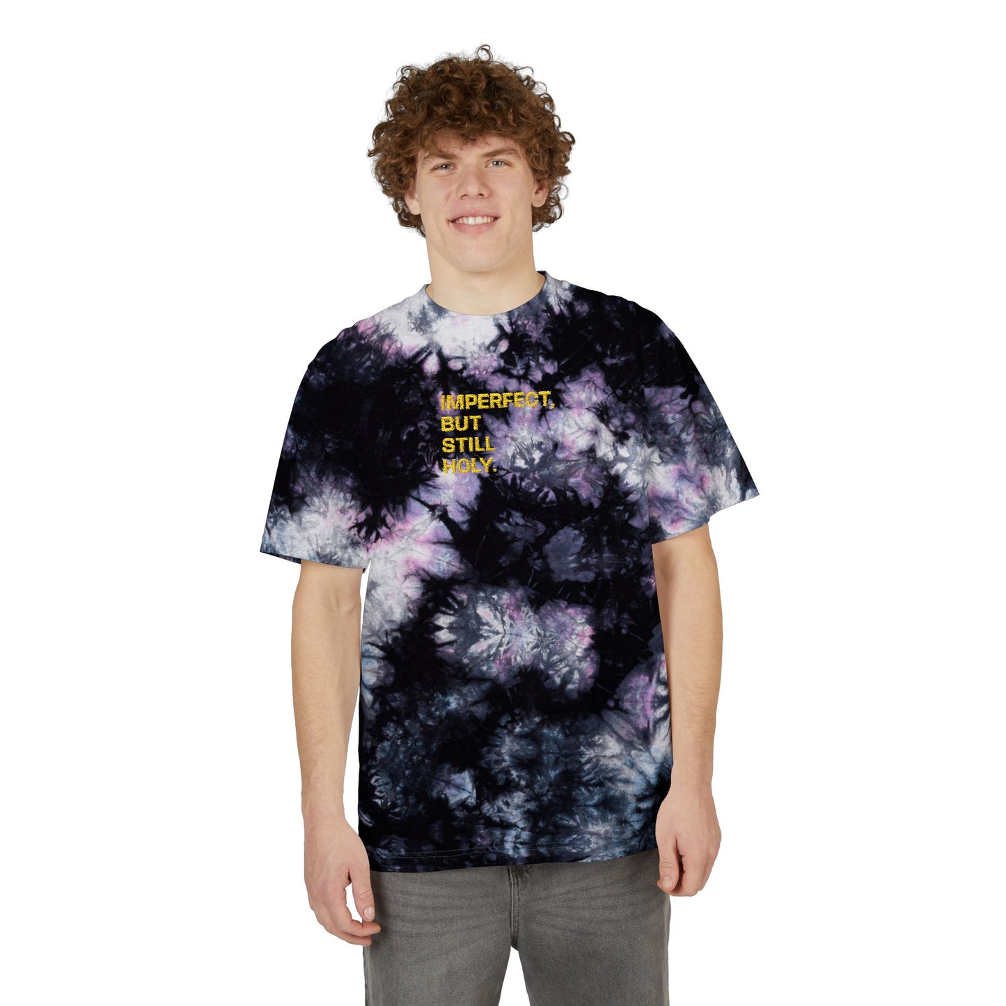 "Imperfect, But Still Holy" - Oversized Tie-Dye T-Shirt (Embroidery)