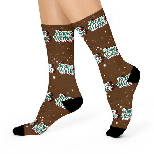 Prayer Warrior Christmas Snow - Brown Crew Socks