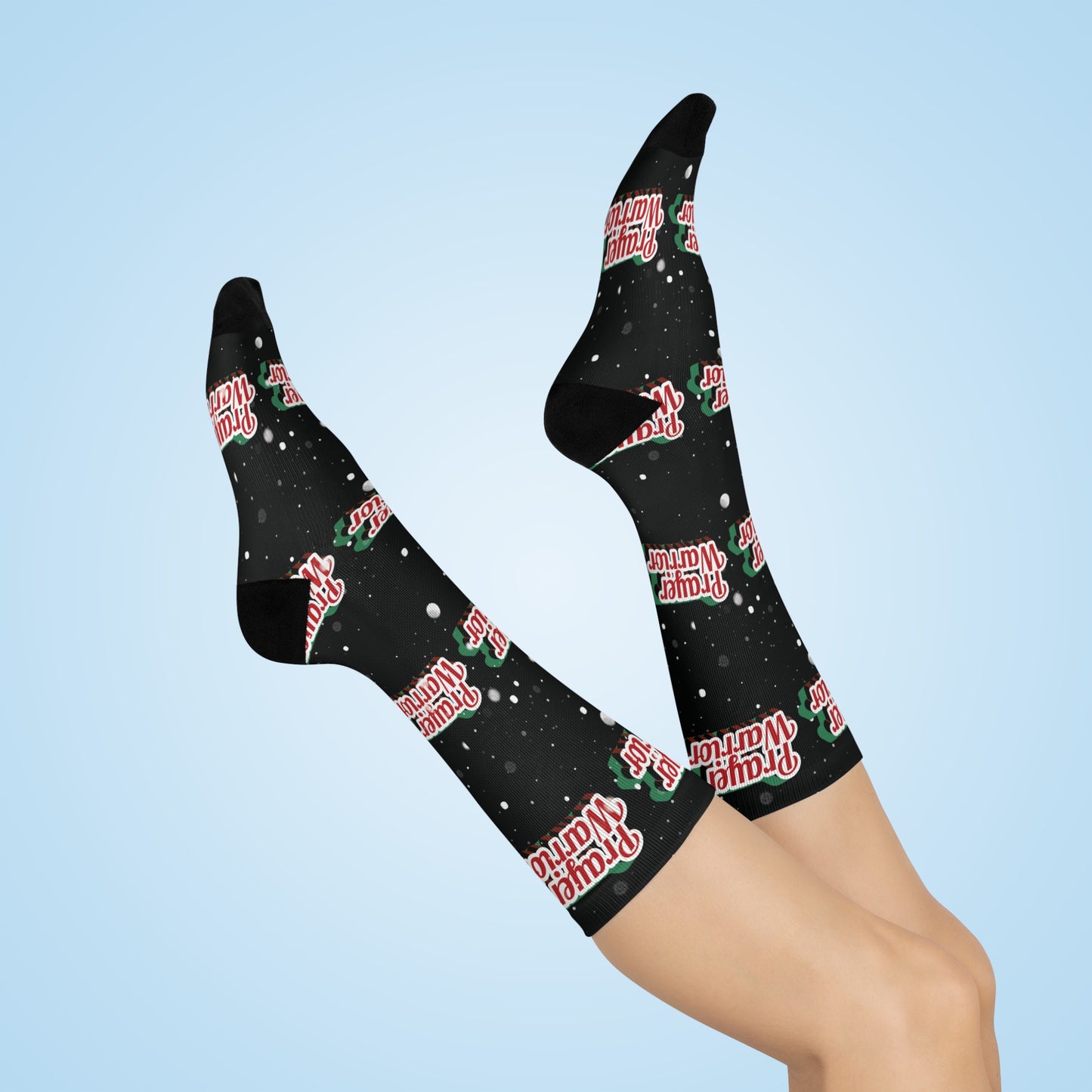 Prayer Warrior Christmas Snow - Black Crew Socks