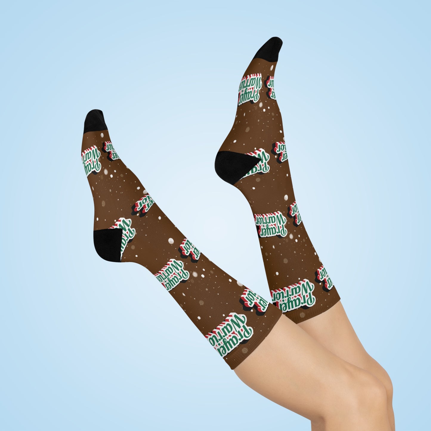 Prayer Warrior Christmas Snow - Brown Crew Socks