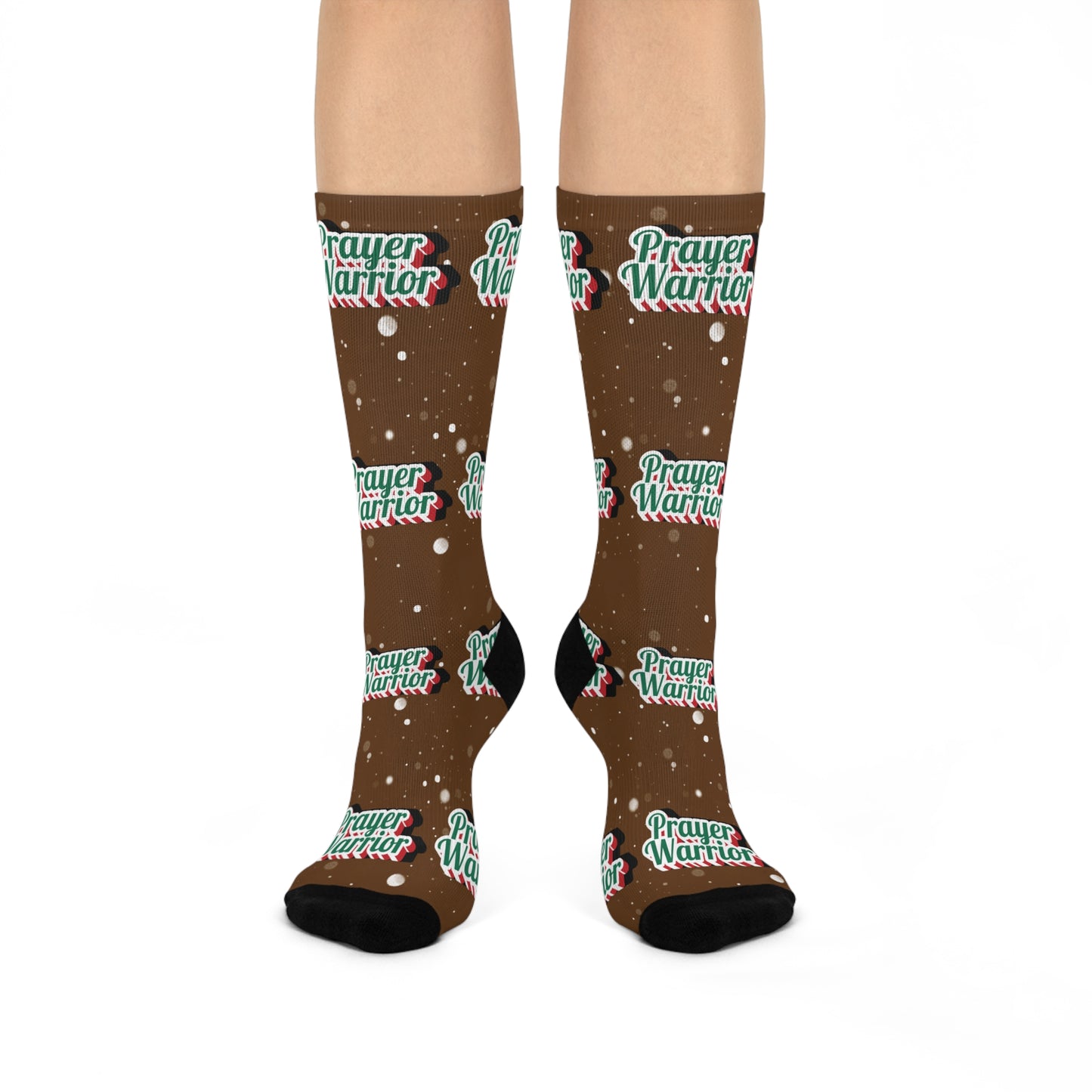 Prayer Warrior Christmas Snow - Brown Crew Socks